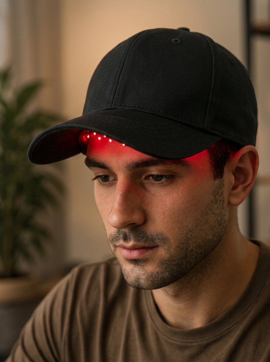 Close crop of an adult wearing the Scalura™ cap at home