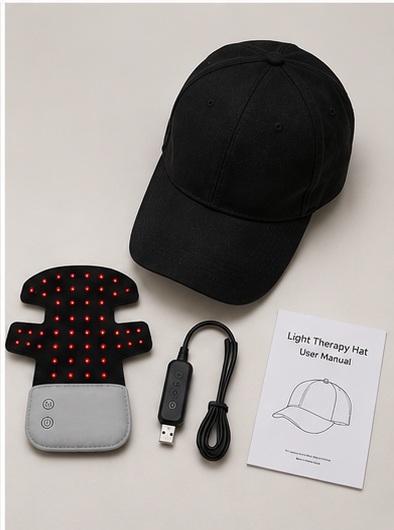 Scalura™ cap, 48-LED light insert, USB cable and user manual laid out