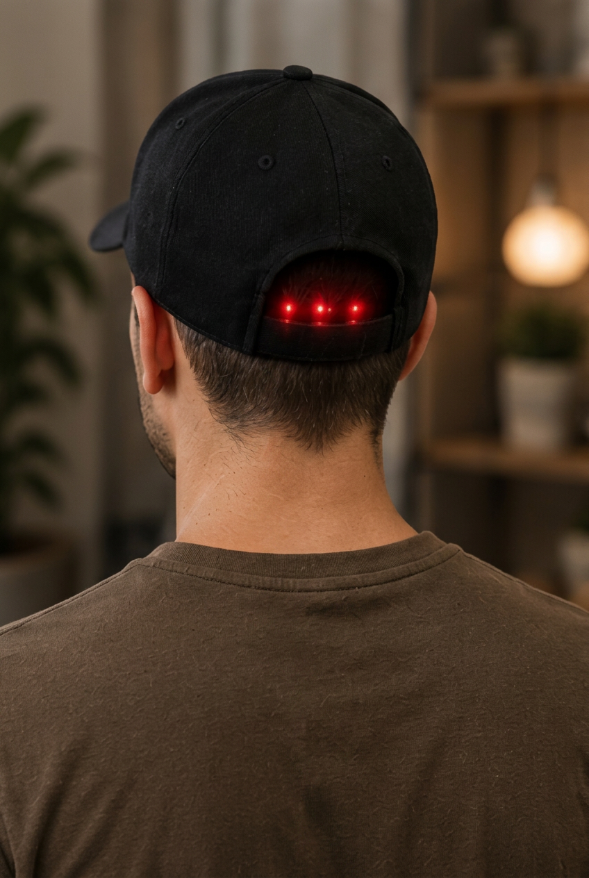 Back view of the Scalura™ cap being worn at home